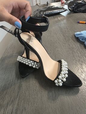 Black Pearl-Embellished Ankle Strap Sandals